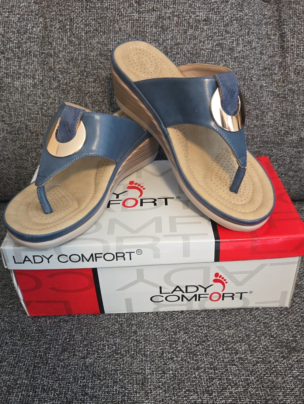 Lady Comfort Blue Wedge Thong Sandals with Gold Accent